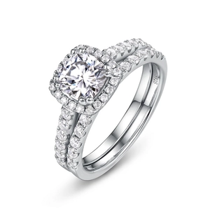Luxury S925 sterling silver moissanite wedding ring set with cushion cut stone on white background