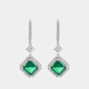925 Sterling Silver Lab-Grown Emerald Drop Earrings For Women Elegant Square Cut Green Zirconia Inlaid Jewelry Vintage Banquet Earring