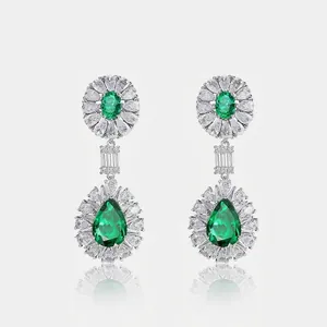 Orecchini Pendenti in Argento Sterling S925 Con Smeraldo di Laboratorio Retrò Zirconia Orecchini a Goccia Eleganti Donna Gioielli