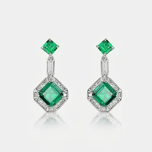 Orecchini a Pendente in Argento Sterling S925 Con Smeraldo Creato in Laboratorio Per Donna Vintage Geometrici Zirconia Intarsiato Gioielli