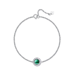 Elegant S925 sterling silver bracelet with round emerald-green stone and halo crystals