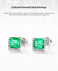 Macro view of S925 silver stud earrings featuring square-cut lab-grown emeralds