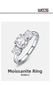 Detailed view of S925 sterling silver three-stone moissanite ring with polished finish