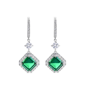 Elegant S925 silver drop earrings with square emerald gemstones and pavé halo diamonds