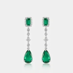 Vintage 925 Sterling Silver Lab-Created Emerald Drop Earrings For Women Luxury Rhinestone Water Drop Wedding Banquet Jewelry
