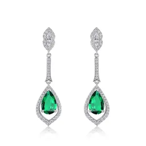 Boucles d'Oreilles Pendantes Vintage en Argent Sterling 925 Émeraude de Laboratoire pour Femmes Bijoux de Luxe en Strass