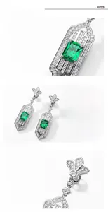 Detailed macro view of S925 silver emerald earrings with Art Deco geometric halo design