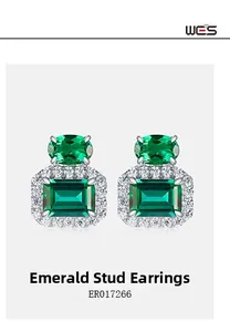Detail of S925 silver emerald earrings with rectangular green gems and pavé zircon stones