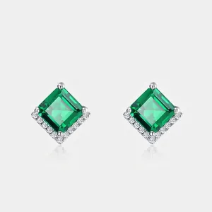 Vintage 925 Sterling Silver Lab-grown Emerald Red Ruby Stud Earrings For Women Square Princess Cut Rhinestone Jewelry