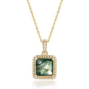 Luxe S925 zilveren vergulde ketting met een vierkante hanger van mosagaat voor dames