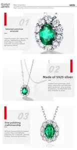 Detailed macro view of S925 silver necklace featuring an emerald pendant with tiny diamonds