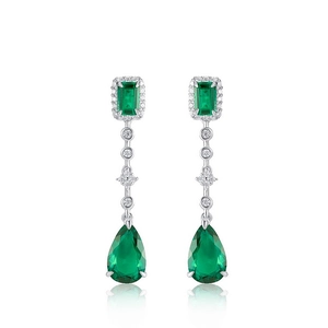 Luxurious S925 silver emerald drop earrings with rectangle and teardrop cut gemstones
