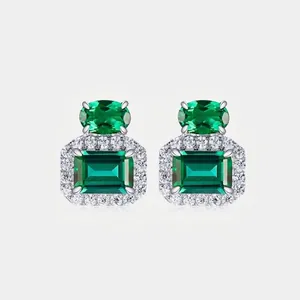 S925 Sterling Silver Lab Grown Emerald Stud Earrings Vintage Geometric Inlaid Zirconia Gemstone Earrings For Women Luxury Jewelry