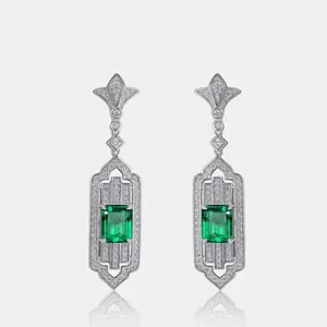 Vintage Art Deco 925 Sterling Silver Lab-Created Emerald Drop Earrings For Women Geometric Rhinestone Pave Fine Jewelry