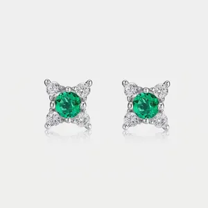 Exquisite S925 Sterling Silver Lab-Grown Emerald Stud Earrings Round Green Gemstone With Rhinestone Fashion Jewelry Gift For Women