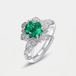 Vintage 925 Sterling Silver Lab-Created Emerald Flower Ring For Women Exquisite Geometric Rhinestone Adjustable Open Ring Jewelry Gift