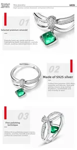 Macro d'une bague en argent S925 avec émeraude et sertissage de pierres pavées