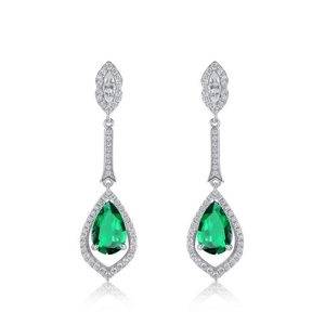Boucles d'oreilles pendantes en argent S925 avec émeraudes poire et pavé de diamants
