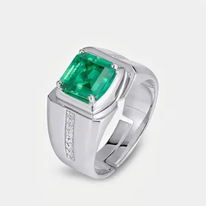 Anello da Uomo in Argento Sterling 925 con Smeraldo Creato in Laboratorio Lusso Strass Regolabile Aperto Business Gioielli