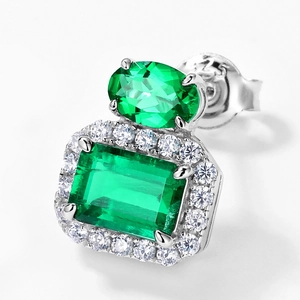 S925 sterling silver emerald earrings with rectangular halo-set green gemstones