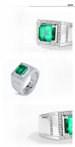 Macro detail of men's S925 silver ring featuring emerald cut green stone and side pavé diamonds