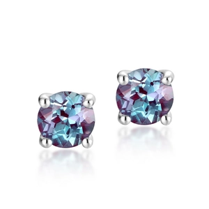 Elegant round alexandrite stud earrings in four-prong S925 silver setting with reflections