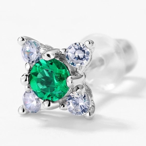 Exquisite S925 silver stud earring with emerald green gemstone and white zircon accents