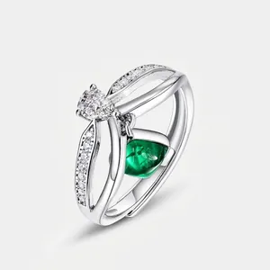 Bague Ouverte en Émeraude de Laboratoire Argent Sterling 925 Géométrique Zirconia Incrusté Ajustable Bijoux Vintage Femmes