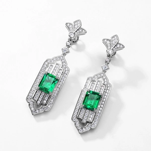 Art Deco S925 silver drop earrings featuring emerald-cut green gemstones and white zircons