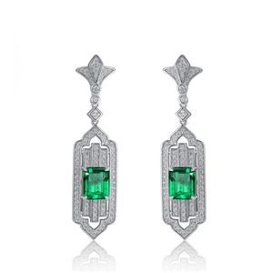S925 Sterling Silver Emerald Cut Drop Earrings with Art Deco Halo Design and White Zirconia