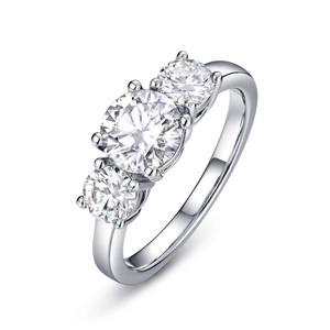 Classic S925 sterling silver three-stone moissanite ring with round brilliant cut stones