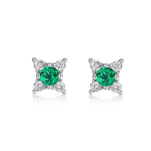 S925 silver stud earrings with emerald-green center stone and sparkling zircon star design