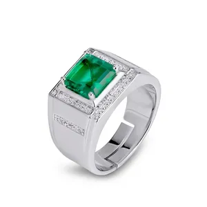925 Sterling Silver Lab-Created Emerald Ring For Men Luxury Rhinestone Inlaid Adjustable Open Finger Ring Business Jewelry
