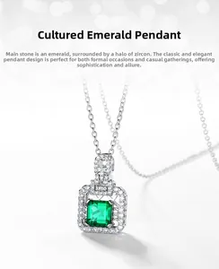 Detailed macro view of S925 silver pendant with emerald-cut green stone and zircon halo