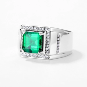 Men's S925 sterling silver ring with emerald-cut green gemstone and pavé accents