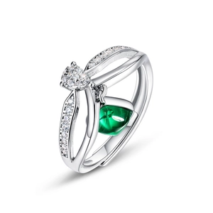 Bague élégante en argent S925 avec pendentif émeraude et anneau serti de diamants