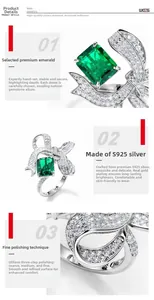 Macro detail of S925 silver emerald ring with bow design and high-carbon diamonds
