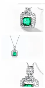 Macro detail of emerald cut green stone pendant with halo diamond setting in S925 silver