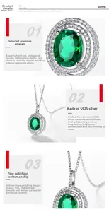 Macro shot of S925 sterling silver emerald pendant necklace with white zircon halo