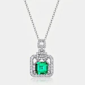 Vintage 925 Sterling Silver Lab-Grown Emerald Pendant Necklace For Women Square Green Gemstone Rhinestone Inlaid Jewelry Gift