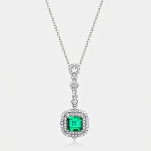 Vintage 925 Sterling Silver Lab-Created Emerald Pendant Necklace With Rhinestone Geometric Square Charm For Women Jewelry