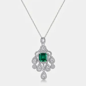 Vintage 925 Sterling Silver Lab-Created Emerald Pendant Necklace For Women Luxury Geometric Green Stone Rhinestone Jewelry Gift