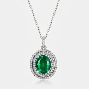 Vintage 925 Sterling Silver Lab-Grown Emerald Pendant Necklace Luxurious Oval Halo Rhinestone Inlaid Necklace For Women Wedding Party Jewelry