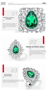 Detail of S925 silver ring featuring a pear-cut emerald gemstone and pave-set accents