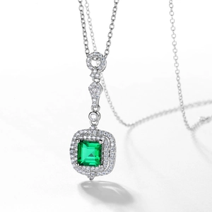 S925 sterling silver necklace with emerald cut pendant and halo micro-set cubic zirconia