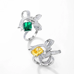 S925 silver bow rings with emerald cut green and yellow lab-grown emerald stones