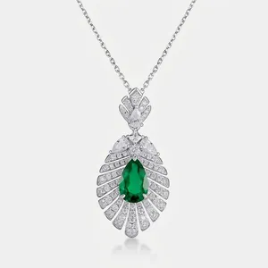 Vintage S925 Sterling Silver Lab-Created Emerald Pendant Necklace Luxury Pear Cut Green Gemstone Zirconia Women Jewelry