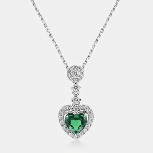 Vintage 925 Sterling Silver Lab-Grown Emerald Heart Pendant Necklace With Zirconia For Women Luxury Jewelry Gift For Anniversary