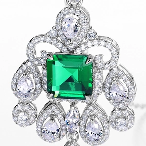 Vintage S925 silver necklace with square emerald pendant surrounded by zircons