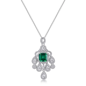 Vintage S925 sterling silver necklace with emerald-cut green stone and sparkling zirconia
